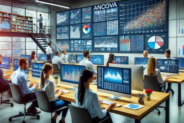 modern office setting with data analysts working on computers, showing statistical graphs, charts, and data visualizations on screens. The focus should be on a diverse group of professionals using ANCOVA in R for business decision-making, with a mix of men and women, and a collaborative environment. The image should convey a data-driven, analytical atmosphere, with vibrant colors and a sense of teamwork and technology