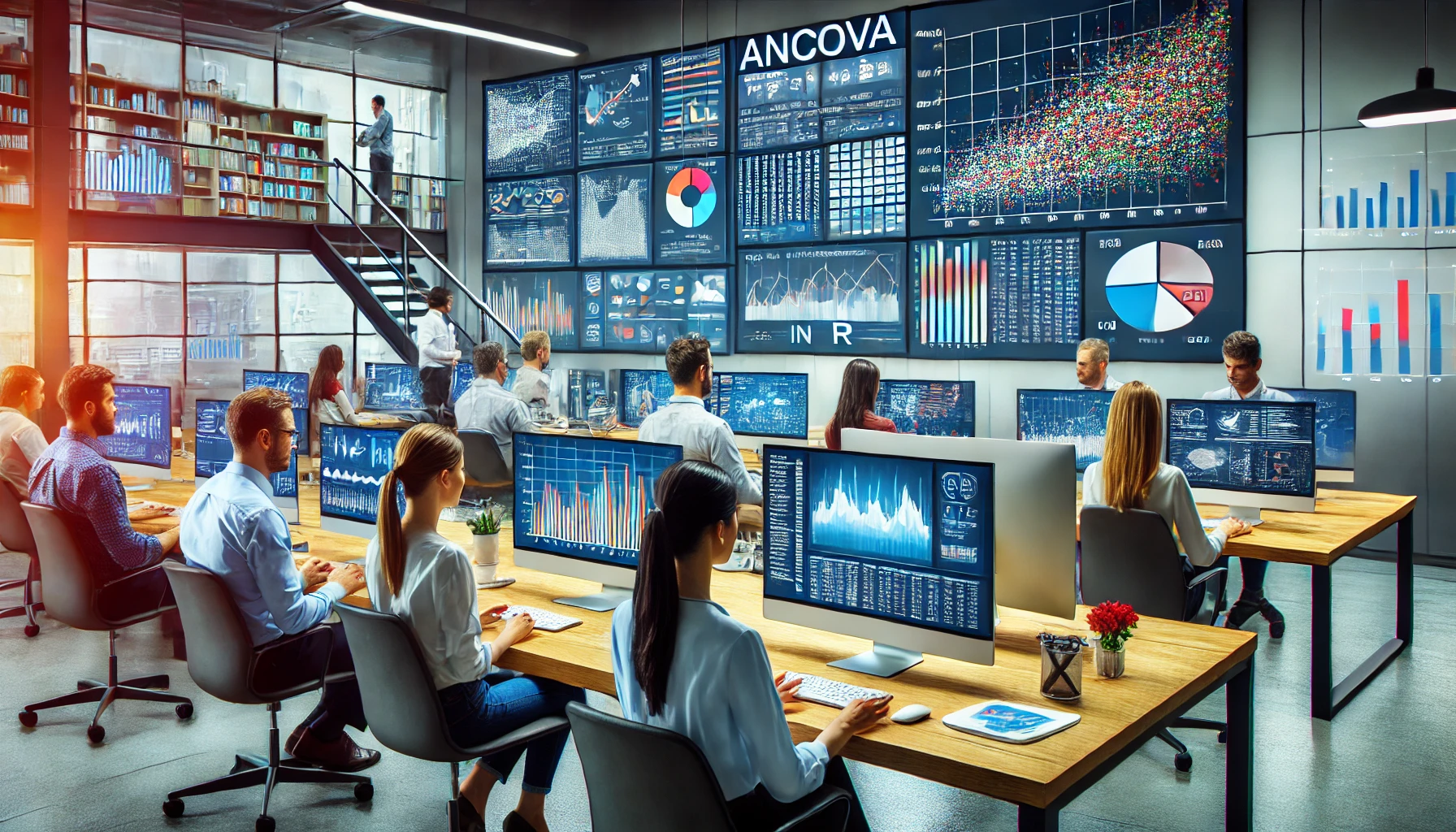 modern office setting with data analysts working on computers, showing statistical graphs, charts, and data visualizations on screens. The focus should be on a diverse group of professionals using ANCOVA in R for business decision-making, with a mix of men and women, and a collaborative environment. The image should convey a data-driven, analytical atmosphere, with vibrant colors and a sense of teamwork and technology