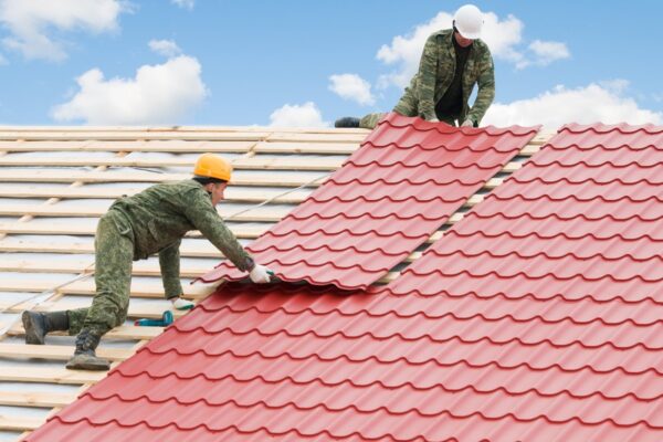 Two workers on roof at works with metal tile and roofing iron