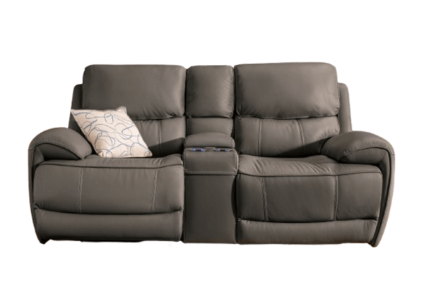 2 Seater Electric Recliner Tech Sofa in Moon Grey Aire Leather with USB Port, Blue LED, Massager, and Cupholders