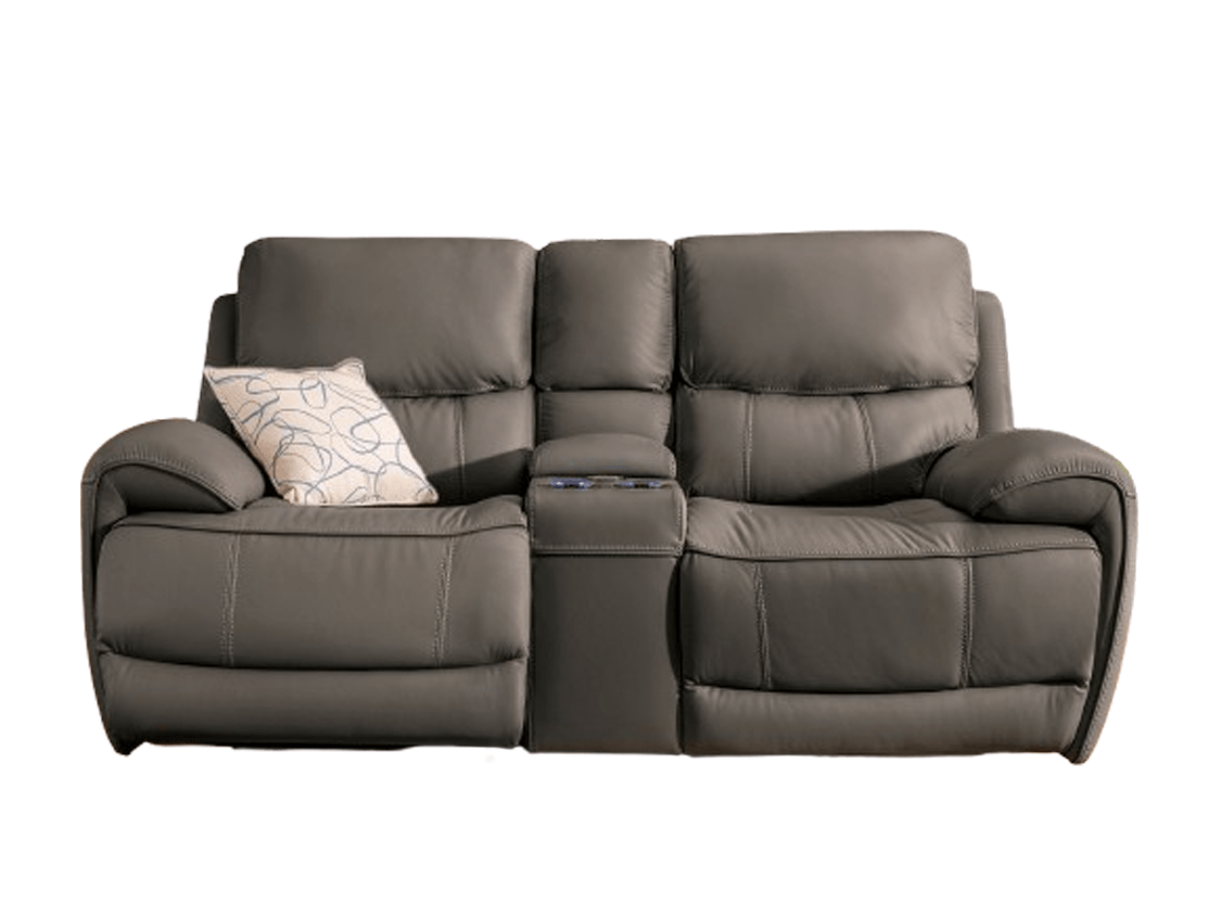 2 Seater Electric Recliner Tech Sofa in Moon Grey Aire Leather with USB Port, Blue LED, Massager, and Cupholders