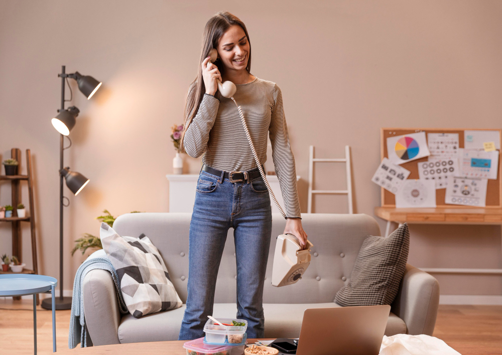 Long shot of woman talking on an old telephone