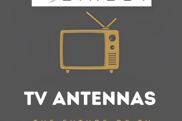 A sleek indoor digital TV antenna placed on a wooden TV stand, connected to a modern flat-screen television displaying crystal-clear HD channels. Nearby, a digital signal amplifier enhances the reception quality. Perfect for cutting the cord and enjoying free over-the-air broadcasts without cable fees