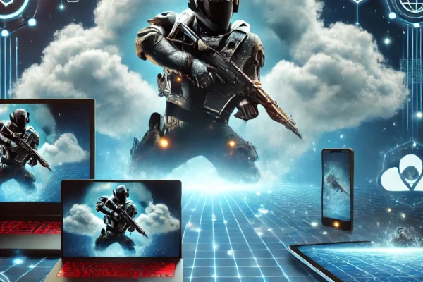 A gamer streaming a game on multiple devices, symbolizing cloud gaming's accessibility and global reach.