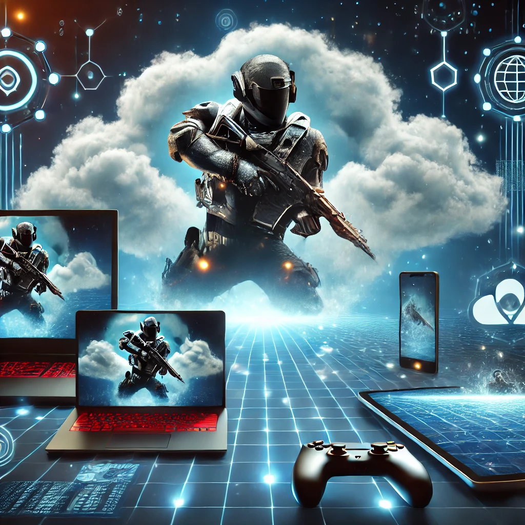 A gamer streaming a game on multiple devices, symbolizing cloud gaming's accessibility and global reach.